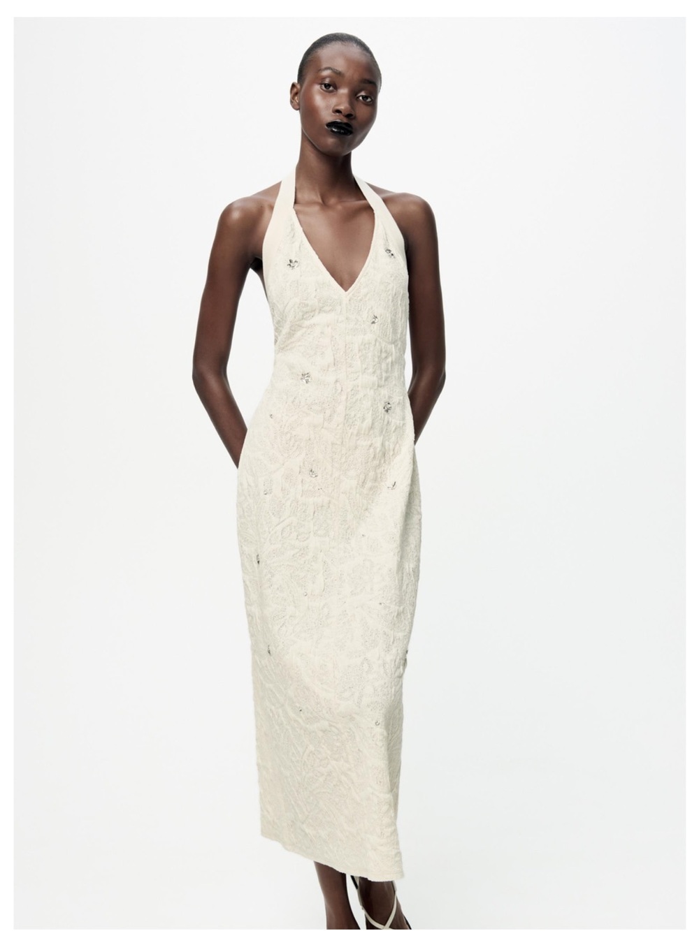 Zara Elegant Cream Halter Midi Dress Large